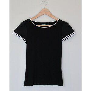 LAUREN RALPH LAUREN Ella Flutter Double Cap Sleeve Top Black Ribbed, Size M